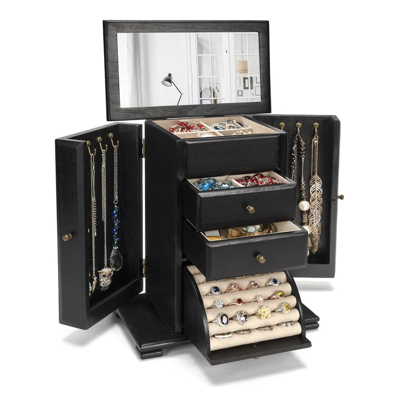 Emfogo Jewelry Box for Women, Rustic Wooden Jewelry Boxes & Organizers with Mirror, 4 Layer Jewelry Organizer Box Display for Rings Earrings Necklaces Bracelets (Black)