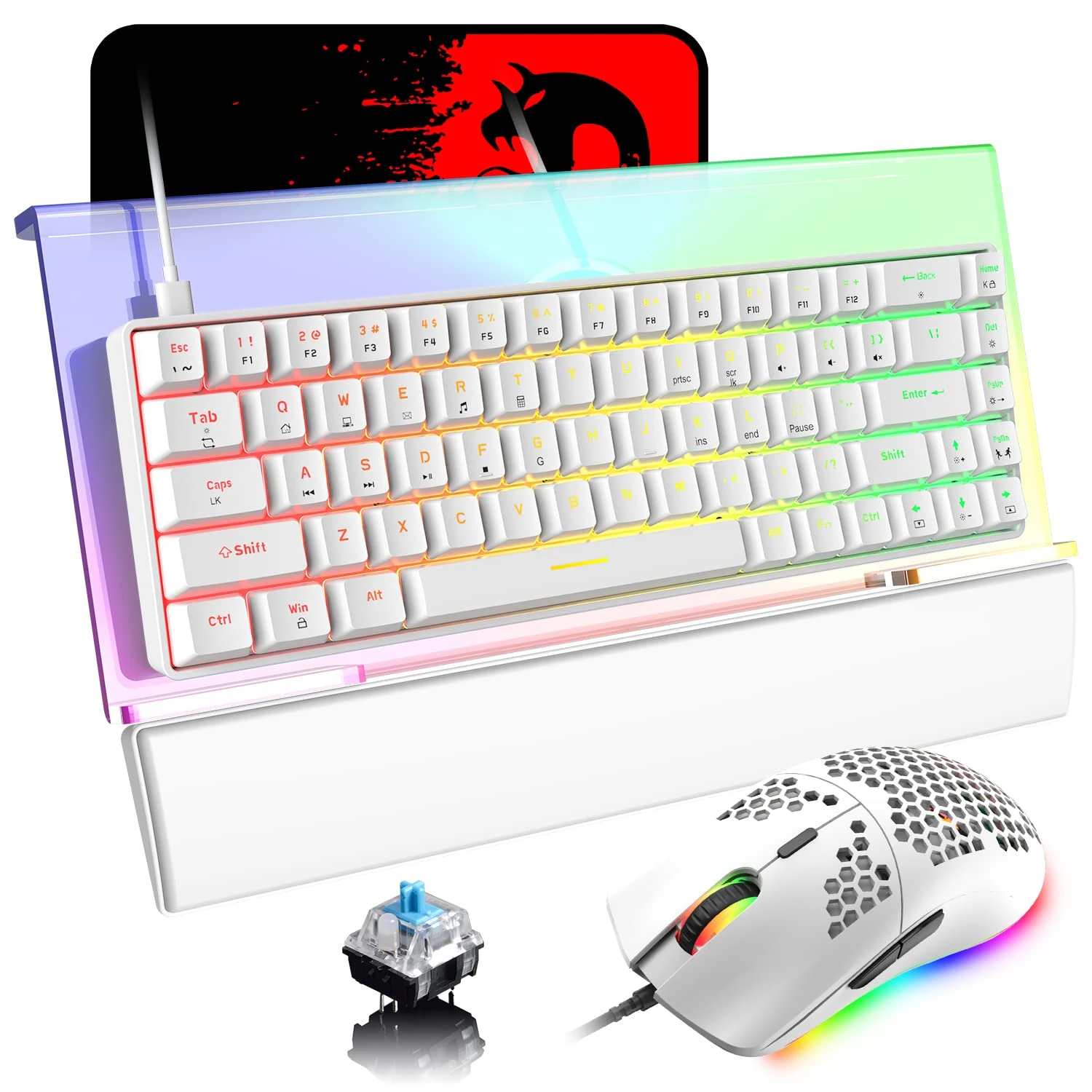 ZIYOU LANG 60% Mechanical Gaming Keyboard Compact Type C Wired RGB Backlit+6400DPI LED Gaming Mouse+Clear Acrylic Keyboard Holder 366 Kinds +PU Leather Anti-Slip Memory Foam Wrist Rest+Mouse Pad