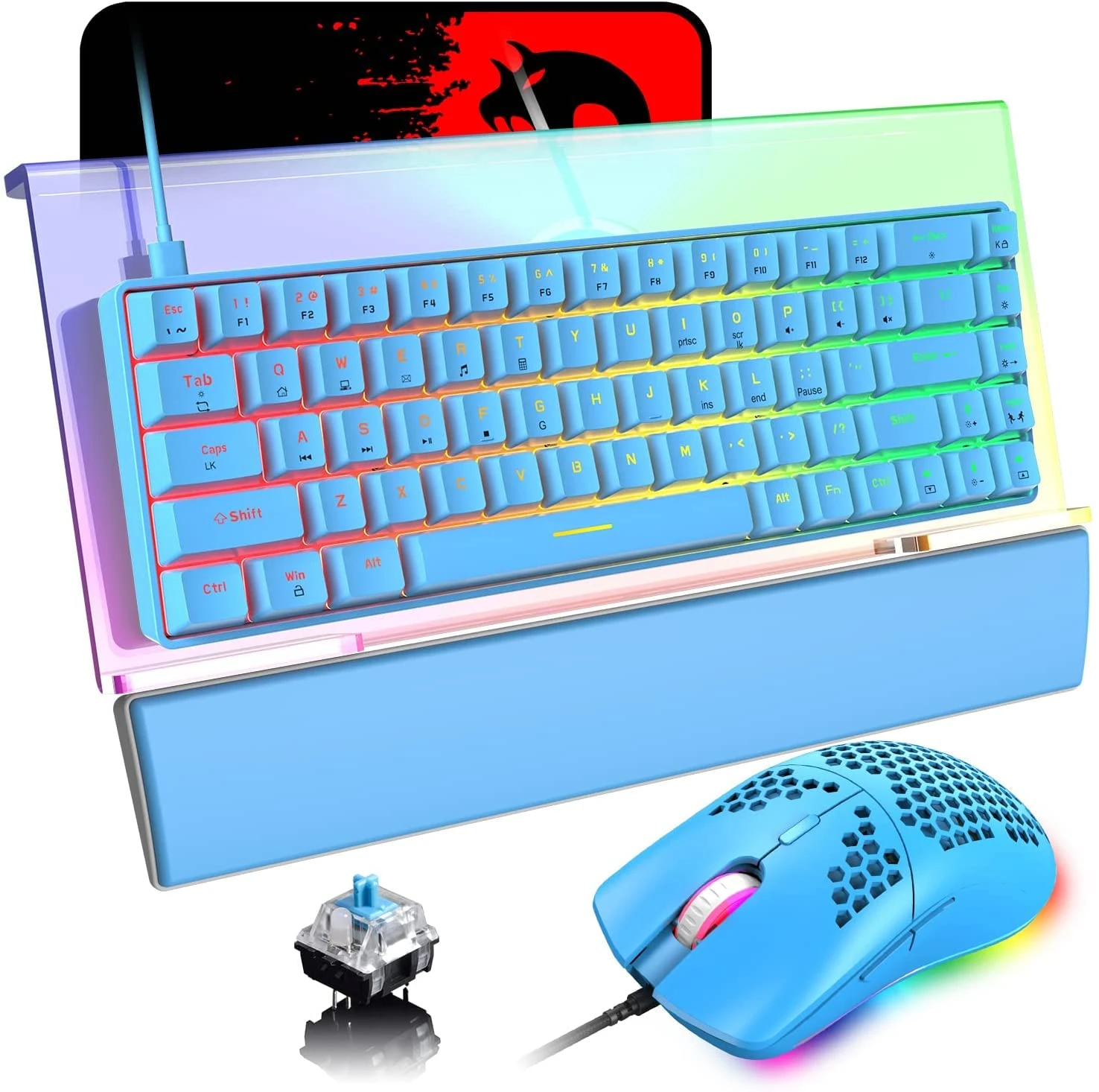 ZIYOU LANG 60% Mechanical Gaming Keyboard Compact Type C RGB Backlit+6400DPI LED Gaming Mouse+Clear Acrylic Keyboard Holder 366 Kinds of RGB Backlit+PU Leather Memory Foam Wrist Rest+Mouse Pad