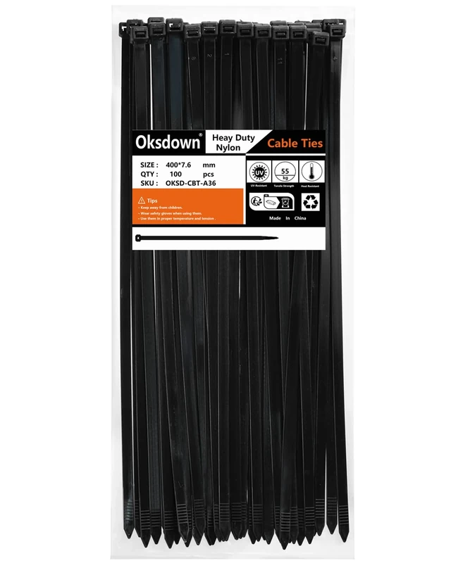 Oksdown 100 Pack Black Thick Cable Ties Heavy Duty Large 400mm×7.6mm Strong Nylon Plastic Self Locking 16 inch/40 cm Extra Long Zip Tie Wraps