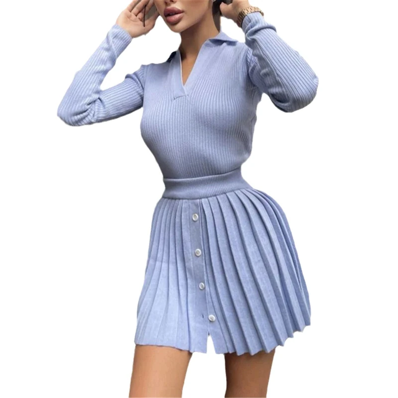 Knitted Suit with Skirt Women Solid Autumn Mini Pleated Skirt and Long Sleeve Slim Crop Pullover Lady 2 Pieces Sets