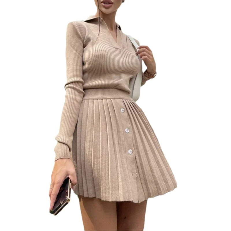 Knitted Suit with Skirt Women Solid Autumn Mini Pleated Skirt and Long Sleeve Slim Crop Pullover Lady 2 Pieces Sets