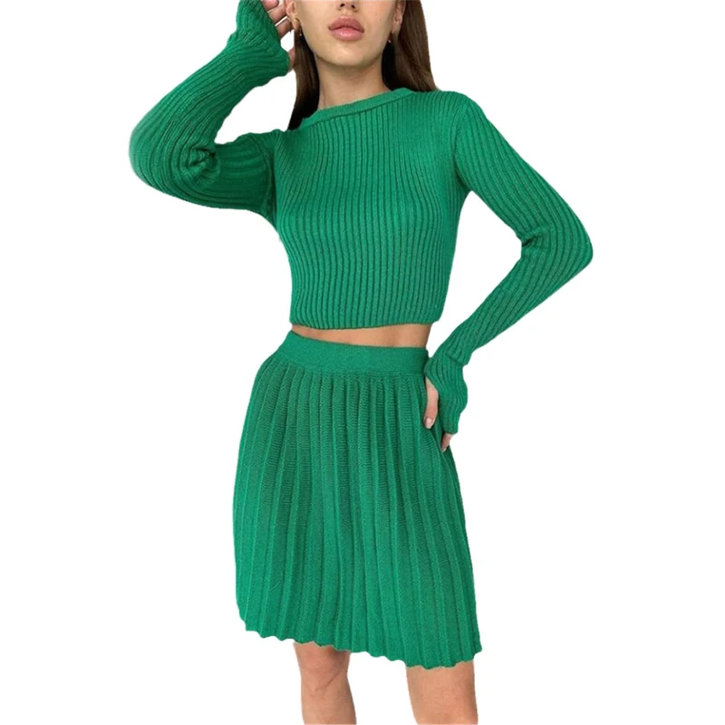 Knitted Suit with Skirt Women Solid Autumn Mini Pleated Skirt and Long Sleeve Slim Crop Pullover Lady 2 Pieces Sets