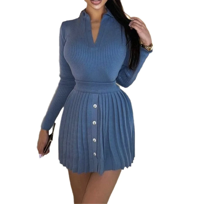 Knitted Suit with Skirt Women Solid Autumn Mini Pleated Skirt and Long Sleeve Slim Crop Pullover Lady 2 Pieces Sets