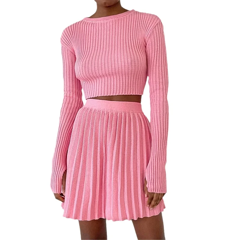 Knitted Suit with Skirt Women Solid Autumn Mini Pleated Skirt and Long Sleeve Slim Crop Pullover Lady 2 Pieces Sets