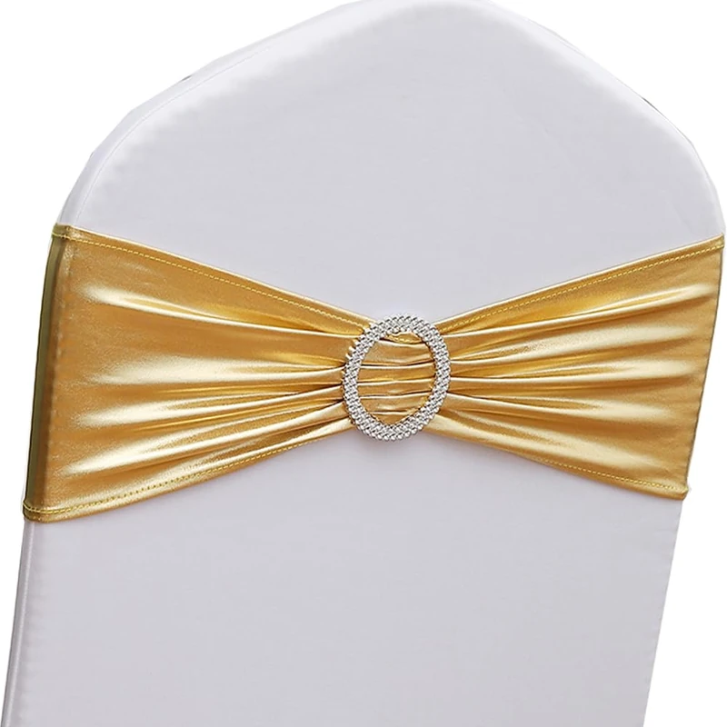 Gankar Gold Chair Sashes 100 Pack, Spandex Sashes for Chairs Wedding Reception, Stretch Chair Bands Bows for Party Banquet Theme Event Decor