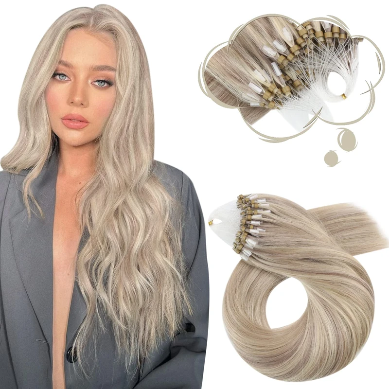 Moresoo Micro Loop Hair Extensions Real Human Hair 16 Inch Ash Blonde with Bleached Blonde for Women Micro Beads Hair Extensions Remy Human 1G/Strand 50g/Pack #P18/613