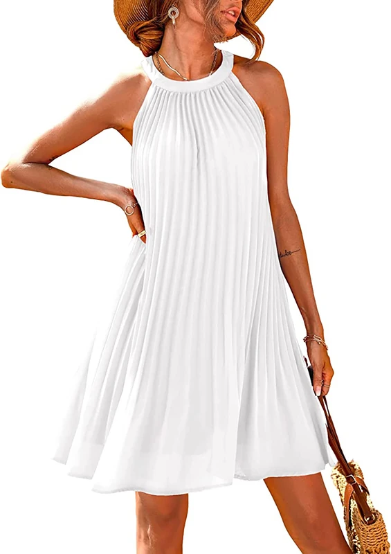 PRETTYGARDEN Women's Cute Halter Neck Sleeveless Mini Dress Solid Color Flowy Pleated Beach Dress Sundress, White, Small