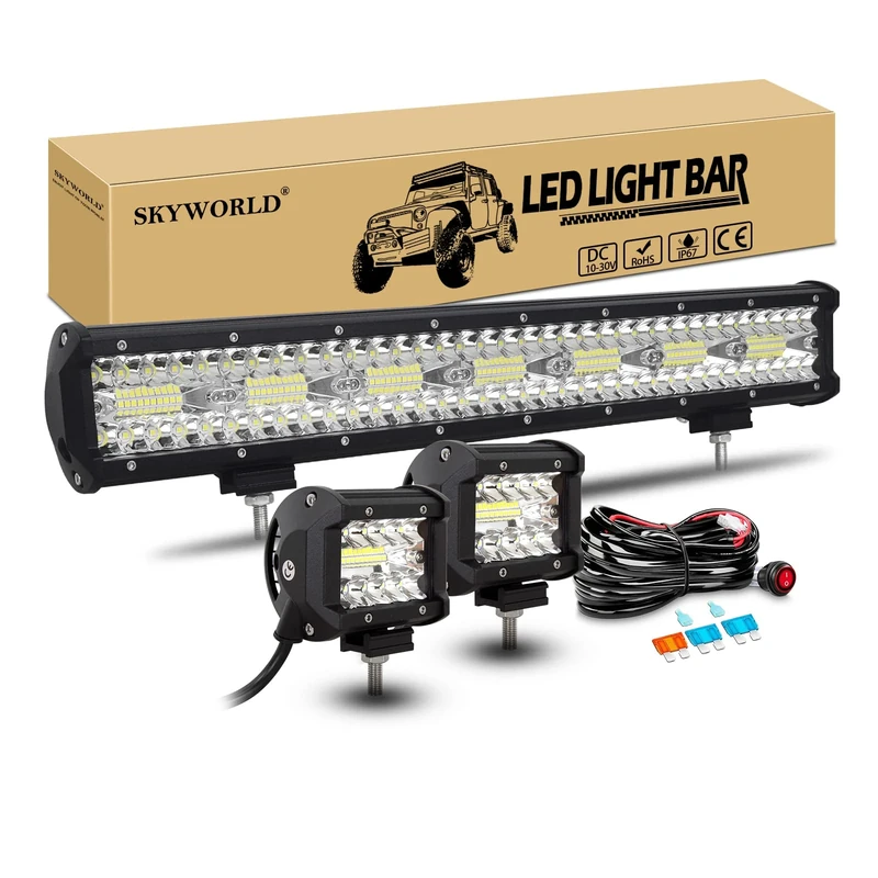 SKYWORLD LED Light Bar, 20 inch 420W Spot Flood Combo Off Road Work Driving Lamp + 2 x 60W 4 inch LED Pods Fog Lights with Toggle Switch Wiring Harness Kit for Truck 4x4 4WD Car ATV UTV SUV 12V 24V