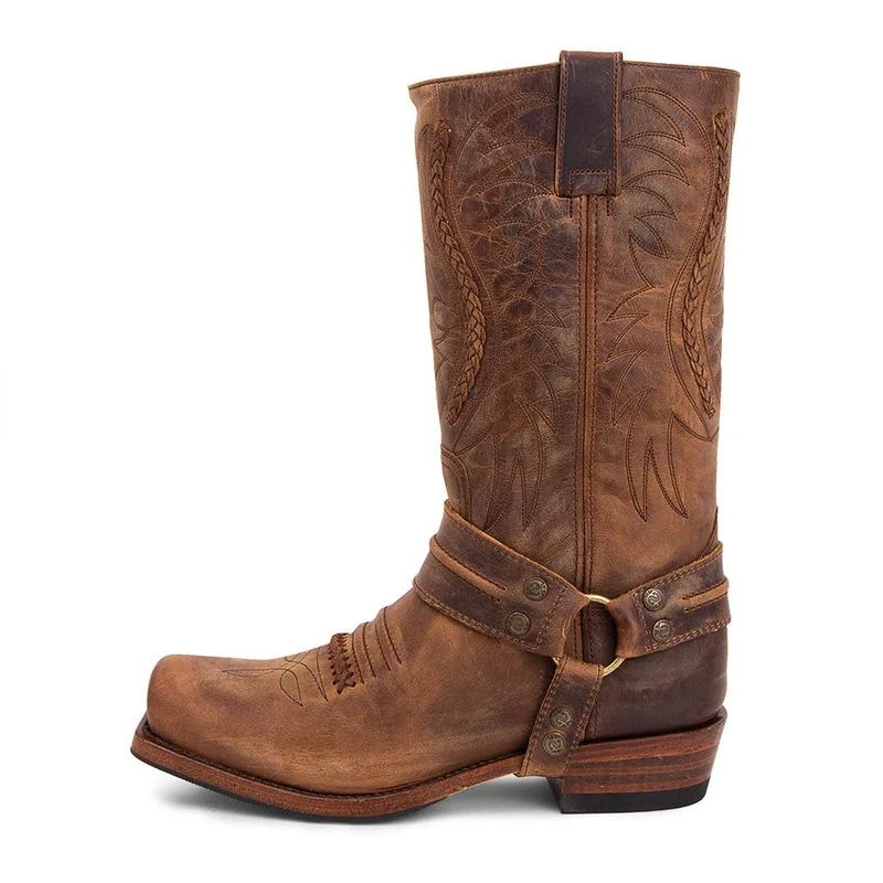 Sendra Boots - 12209 Unisex High Heeled Camper Boots with Square Toe - Cowboy Style in Brown Leather with Distressed Effect