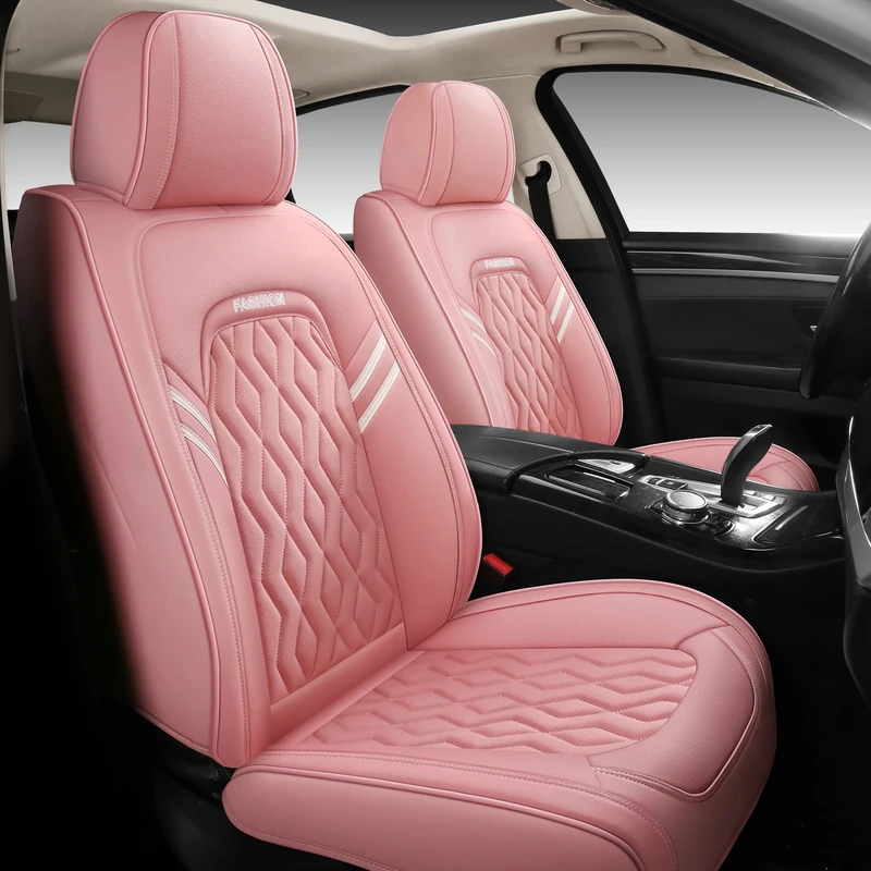 BGYFDU02 Seat Cover 5-Seater Full Set, Universal Type, Suitable for Most Cars, Cars, SUV, Trucks, Pickup Ttrucks, Airbags Compatible with Synthetic Leather Car Seat Cushion Protectors (Pink)