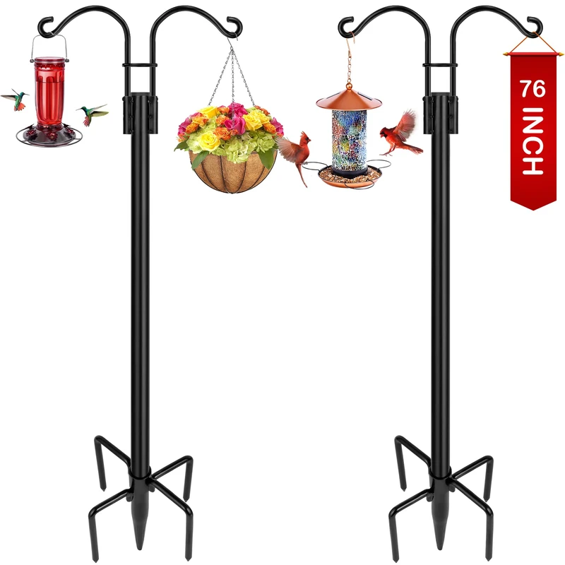 XDW-Gifts Double Shepherds Hooks for Outdoor, 2-Pack Heavy Duty Garden Pole for Hanging Bird Feeder, Plant Baskets, Solar Light Lanterns, Garden Plant Hanger Stands with 5 Base Prongs