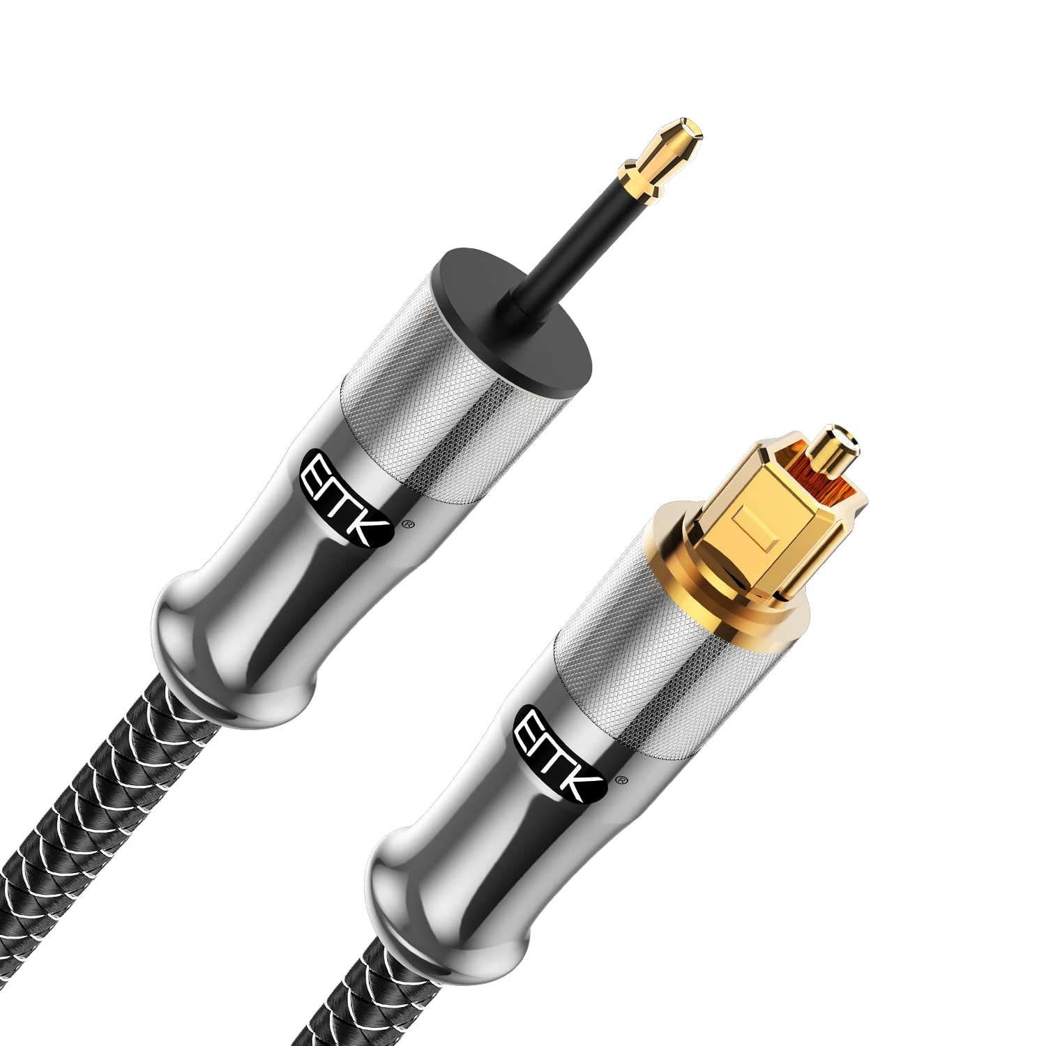EMK 24K Gold Plated Toslink to Mini Toslink Cable Digital Nylon Braided Optical Audio Cable 3.5 mm Mini Optical Cable for Home Theater, Sound Bar (5M, 3.5MM Mini Toslink, Silver)