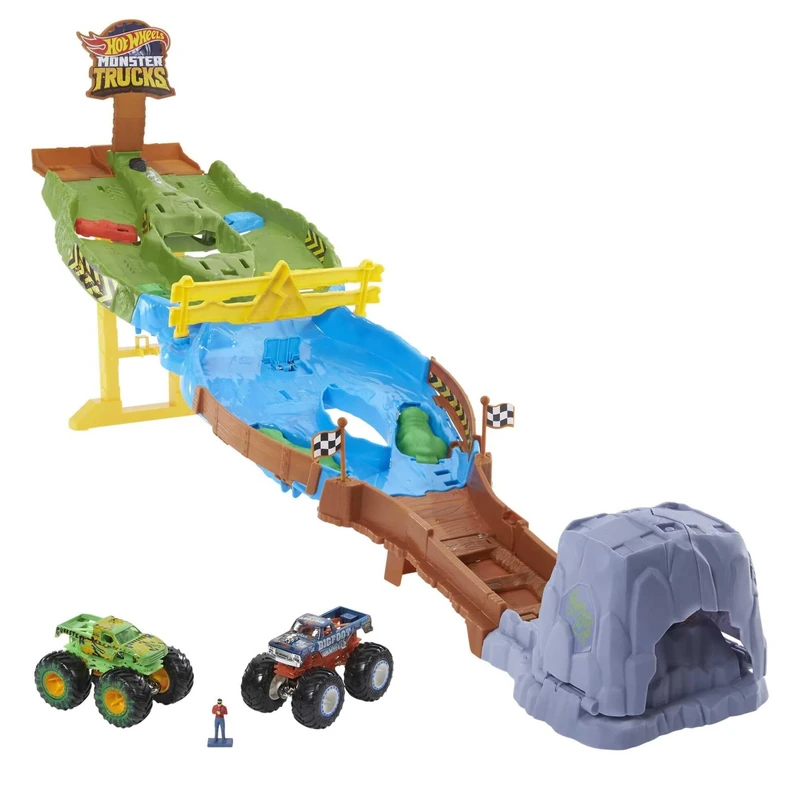 Hot Wheels Monster Trucks Wreckin’ Raceway Playset with Monster Trucks Bigfoot & Gunkster for Head-To-Head Competition, Toy for Kids 4 Years Old & OIder