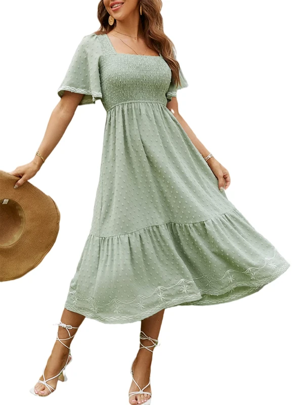 Glamaker Women's Short Sleeve Smocked Square Neck A Line Summer Flowy Maxi Long Dress, 01-Green, Medium
