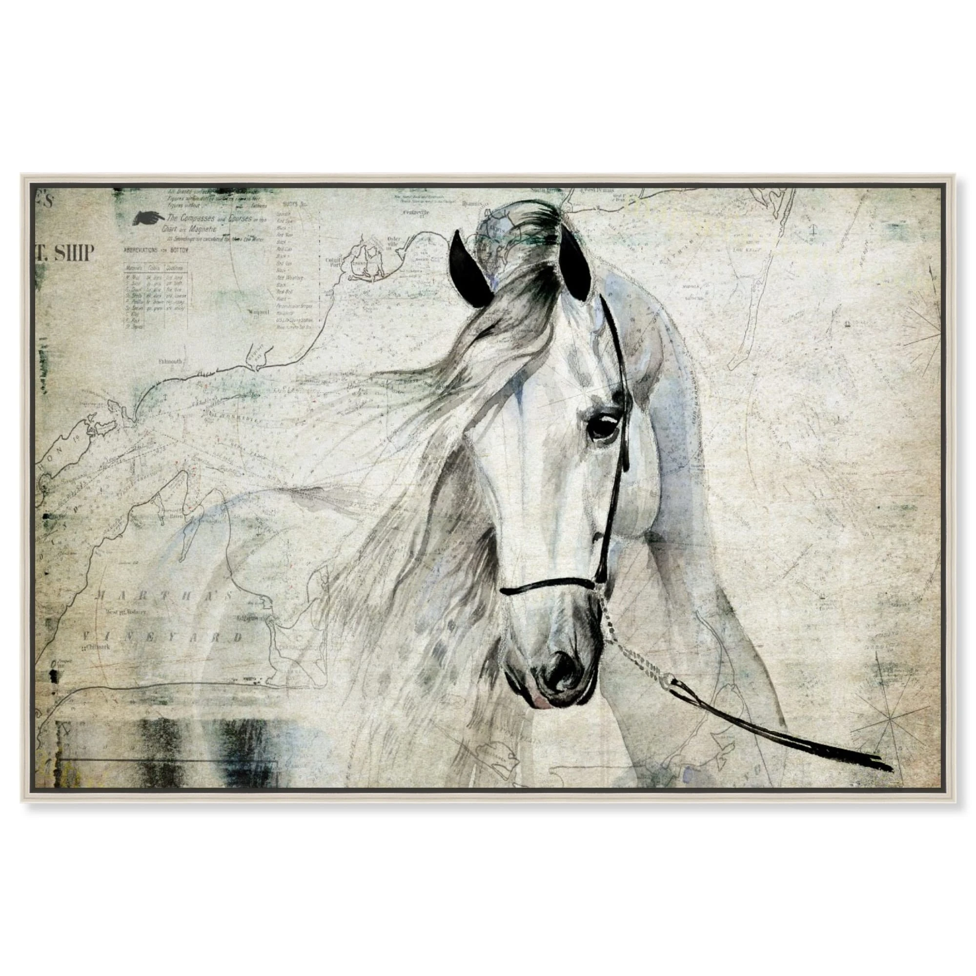 Country Farmhouse Canvas Print Painting Animal Wall Art 'Southern White Horse' Champagne Framed Canvas Rustic Home Décor 15x10 in Gray, Brown by Oliver Gal