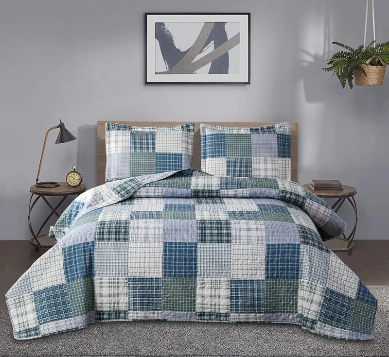 Quilt Set King Size Plaid Bedspread Coverlet King Quilt Set Bedding Mens Boys Quilt Bedspread Patchwork Bedding Home Modern Soft Lightweight Coverlet Reversible Quilt Bed Spread with 2 Pillow Shams