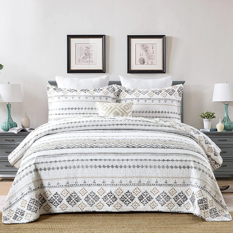 SahSahCasa Quilt Queen Size, Queen Quilt Set, 100% Cotton Boho Quilts, Queen Quilted Bedding Set Bedspreads, Bohemian Reversible Lightweight Striped Comforter for All Season, White/Grey, 3-Piece