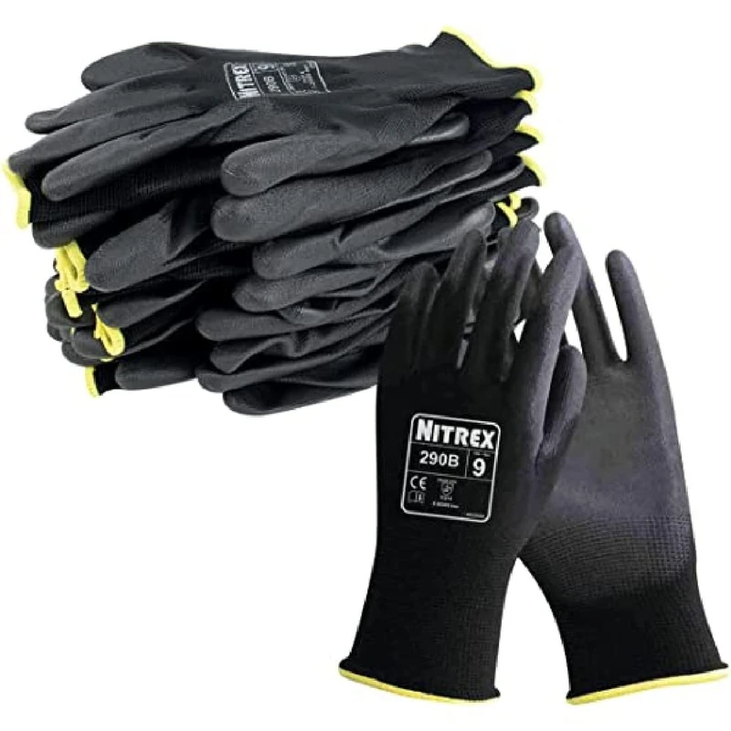 NITREX 290B Work and Safety Gloves, Carton of 100 Pairs, Size 11 - Black General Handling Gloves with PU Palm Coating