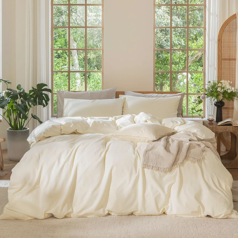 MOOMEE Bedding Duvet Cover Set 100% Washed Cotton Linen Like Textured Breathable Durable Soft Comfy (Cream White, King)