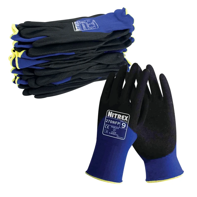 NITREX 270NFP Work and Safety Gloves, Carton of 100 Pairs, Size 10 - Nylon General Handling Gloves with 3/4 Sandy Nitrile Coating