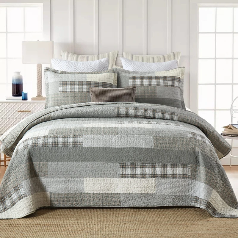 Finlonte Queen Size Quilt Set, Grey(Gray) Patchwork Plaid, 90"x98", 3 Pieces