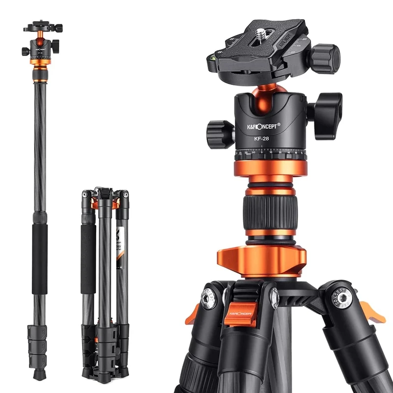 K&F Concept 63" Carbon Fiber Camera Tripods,O254C1+BH-28L Compact Tripod with Detachable Monopod, Metal Ball Head 10KG Load Capacity with Quick Release Plate for SLR DSLR Digital Camera/Camcorde