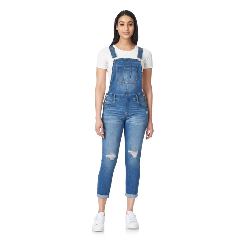 WallFlower Women's Juniors Instastretch Mid-Rise Denim Overalls (Standard and Plus), Danner, Large