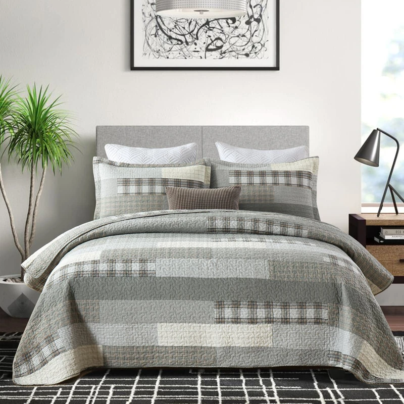 PANGUSHAN Quilts Set Queen Size,100% Cotton Patchwork Plaid Queen Quilt Bedding Set Bedspread for Queen Bed,Grey(Gray)/Cream/Khaki Farmhouse Rustic Reversible Lightweight Comforter Bed Cover,3 Pieces
