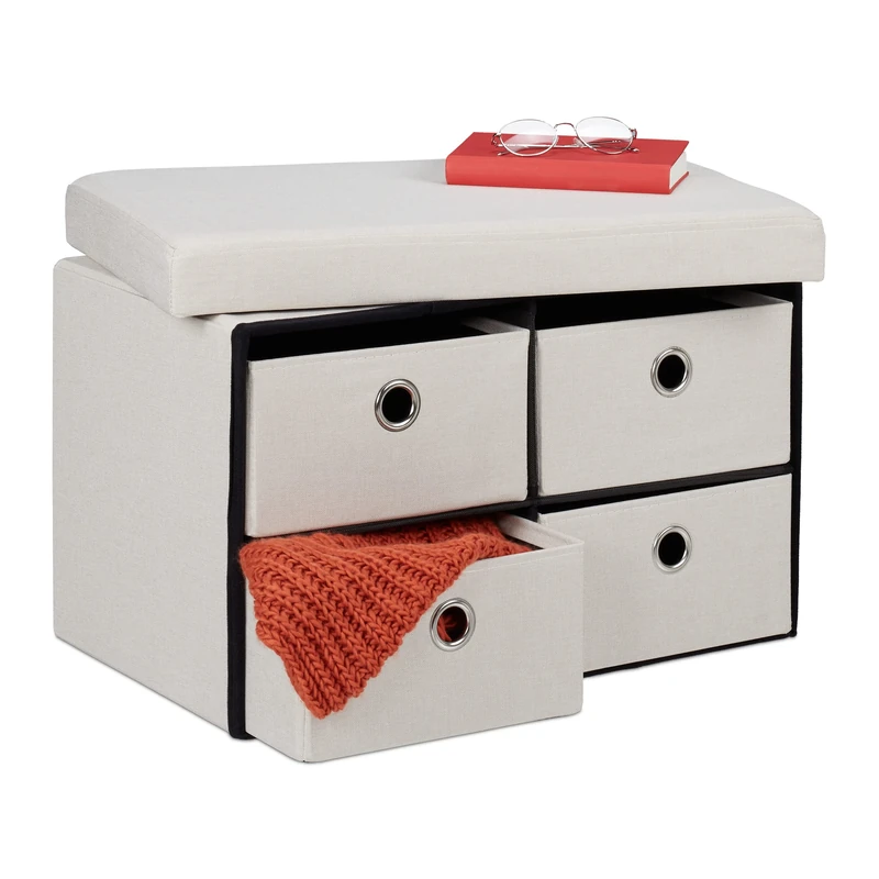 Relaxdays Storage Bench, 4 Drawers, Padded Stool for Home, Foldable, HxWxD: 39 x 60 x 38 cm, Cream, Fibreboard