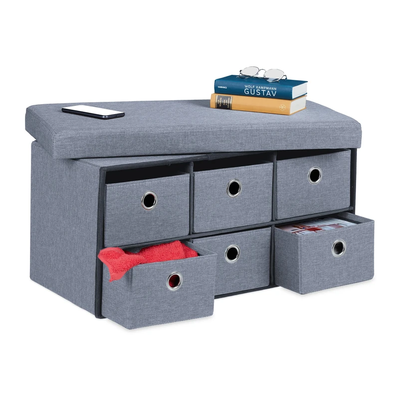 Relaxdays Storage Bench, 6 Drawers, Padded Stool for Home, Foldable, HxWxD: 39 x 76 x 38 cm, Grey - Image 1