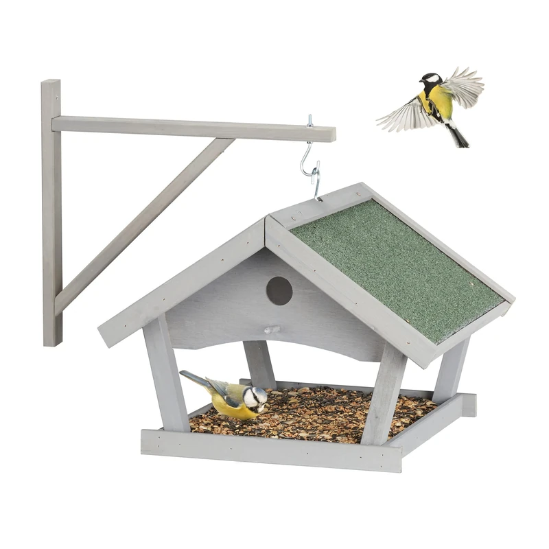 Relaxdays Wooden Birdhouse, Hanging Feeding Table, HxWxD: 35x42.5x40.5 cm, Feeder For Wild Birds, Grey, Wood