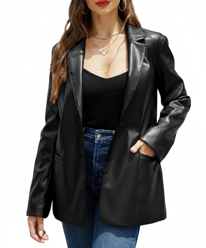 RISISSIDA Women Faux Leather Blazer Jackets/Shacket for Spring and Fall Fashion, Vegan Leather Button Down Coats, Blazer-Black, XL