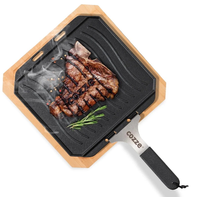 cozze Reversible Cast Iron Pan with Bamboo Tray, 33 x 33 cm, Perfect for Meat, Fish & Vegetables, Removable Handle, LFGB Certified - Image 1