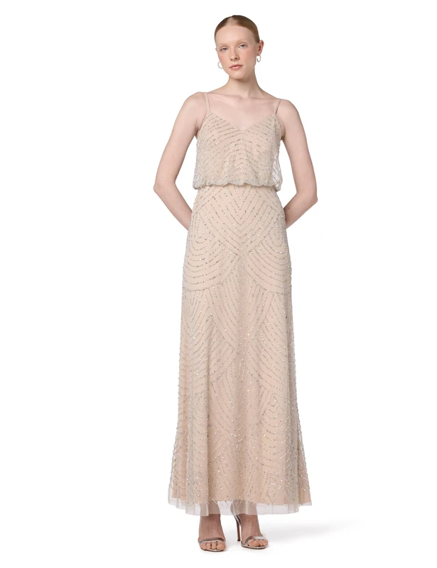 Adrianna Papell Women's Art Deco Beaded Blouson Gown Dress, Silver/Nude, 4