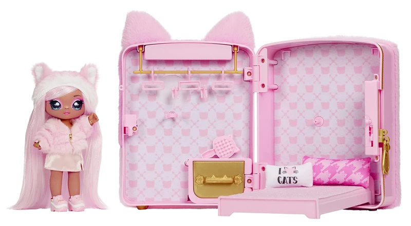 Na Na Na Surprise 3-in-1 Backpack Bedroom Playset with Fashion Doll - REENA DE LA ROSA - Includes Fuzzy Pink Kitty Backpack with Cat Ears and Closet with Pillows & Blanket - For Kids, Ages 5+ Years