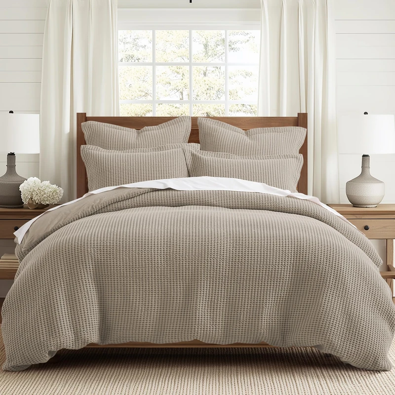 Levtex Home Mills Waffle Queen Duvet Cover Set (90x94in) with 2 Pillow Shams (26x20in) - Beige Fawn - 100% Cotton Queen Size Duvet Cover Set - Soft, Pre-Washed