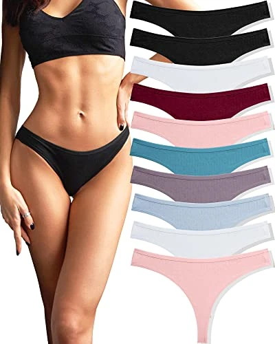 FINETOO Pack of 10 Cotton Thong Women's Sexy Lingerie Briefs Tanga Hipster Underpants Thongs Set Underwear Comfortable Women Multicoloured S-XL