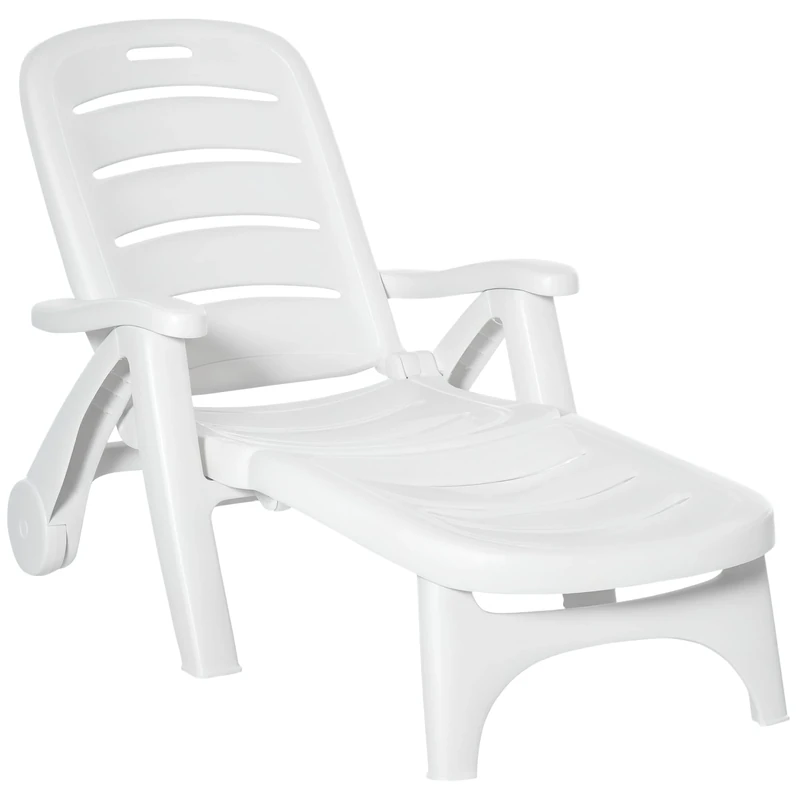 Outsunny Folding Sun Lounger with Wheels, 5-Position Adjustable Outdoor Deck Chair Furniture, Garden Beach Patio Pool Lounger Recliner Seat, White