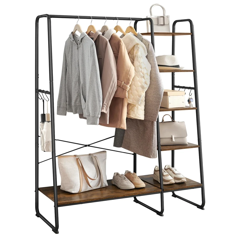 VASAGLE Clothes Rail Clothes Rack with Shoe Rack, 5 Tier Storage Rack, 6 Side Hooks, for Bedroom, Living Room, Rustic Brown and Black RGR116B01