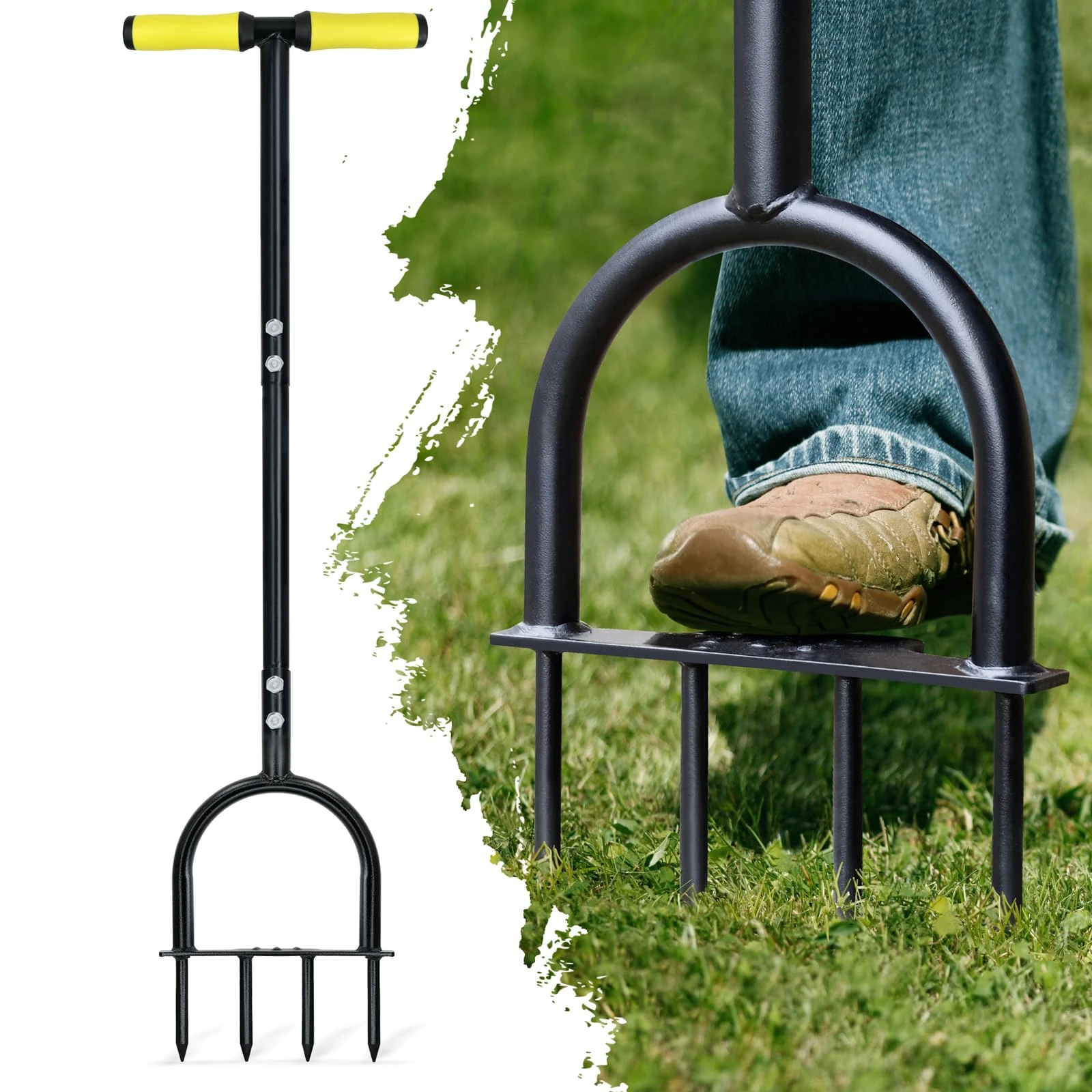 Colwelt Lawn Spike Aerator, Gardening Lawn Aerator for Compacted Soils and Lawns, Non-slip T-Handle Grass Spike Aeration with Four 9cm Solid Steel Spikes, 96cm