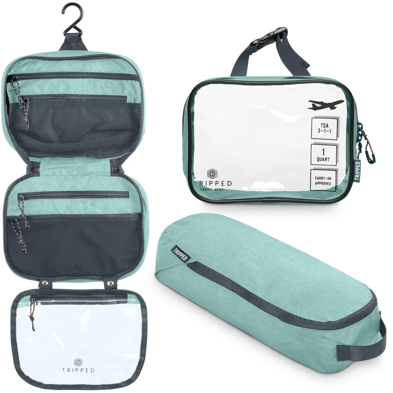 Toiletry Bag Kit Set: Hanging Travel Toiletry Bag + 311 TSA Cosmetic Liquid Bag + Ultralight Accessory Organizer Pouch, Turquoise, 3 Piece Toiletry Set