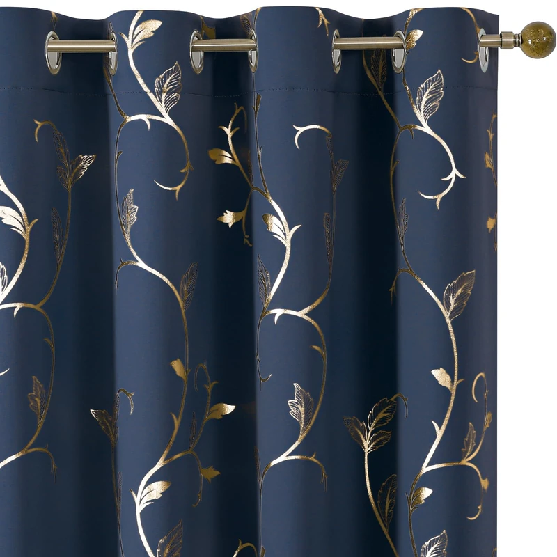 BUHUA Blackout Curtains 108 Inches Long, Gold Foil Print Pattern Room Darkening Curtain, Living Room Curtains & Drapes, Thermal Insulated Window Panel Set, 52 x 108 Inch, Navy Blue