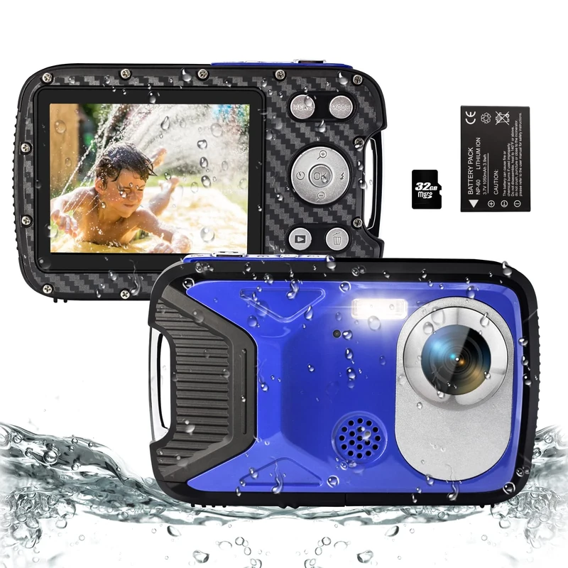 YEEIN 16FT Kids Waterproof Digital Camera 21 MP Underwater Camcorder with 32G Card and Rechargeable Battery, Point and Shoot Camera for Boys Girls Children Teens Snorkeling Swimming (Blue)