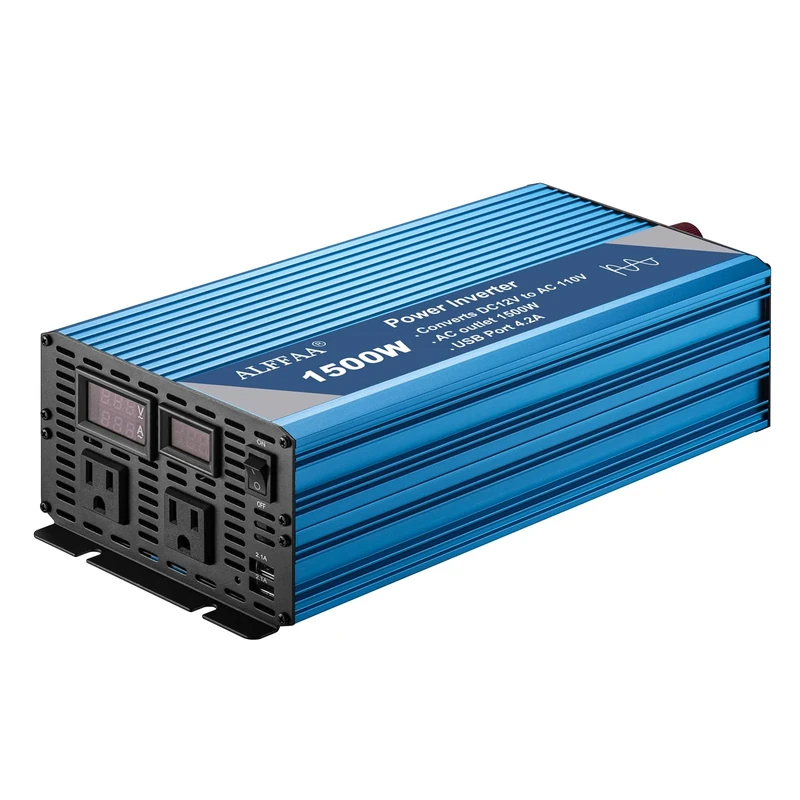1500W Pure Sine Wave Inverter 12V to 110V with Built-in 5V/2.1A USB Port,Hardwire Terminal, LCD Display,12V DC to 120V AC Converter for Home, RV, Truck (1500W)