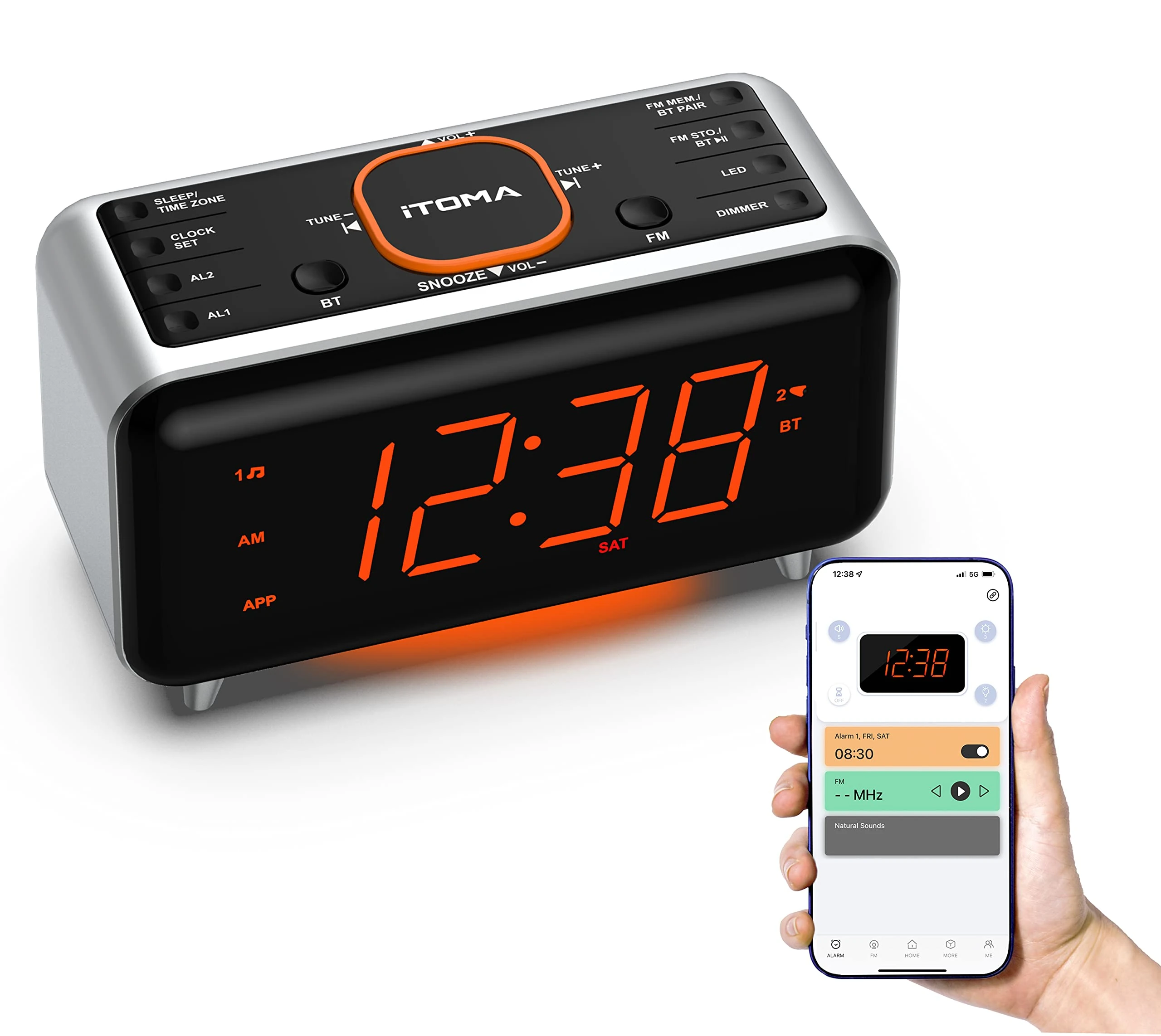 iTOMA Radio Alarm Clock with App Control, Bluetooth, FM Radio, Dual Alarm of 4 Alarm Modes, Snooze, Dimmer, Night Light, USB Charger Port CKS208 (CKS208-AU)