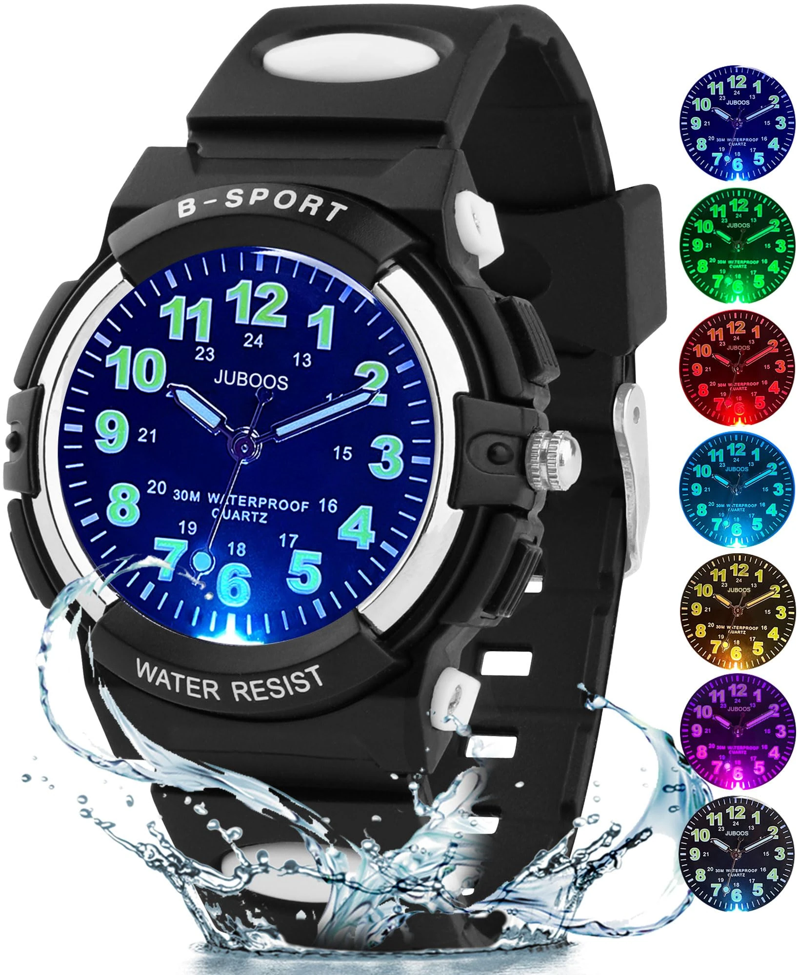Juboos 7 Color Kids Watches,Children Analogue Quartz Watch for Boys Girls Kids Waterproof Time Teach Watches, Sport Outdoor Wrist Partner 5-16