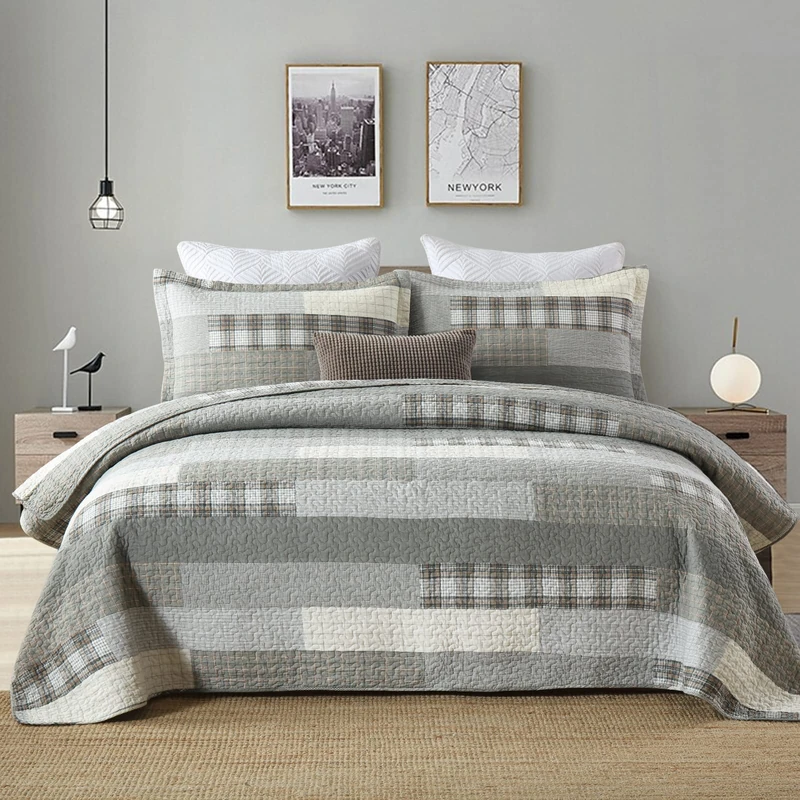 Quilts Queen Size - Patchwork Quilt Set, Farmhouse Plaid Bedding, Lightweight Cotton Bedspread, Soft Breathable Coverlet for All Season,3 Piece.