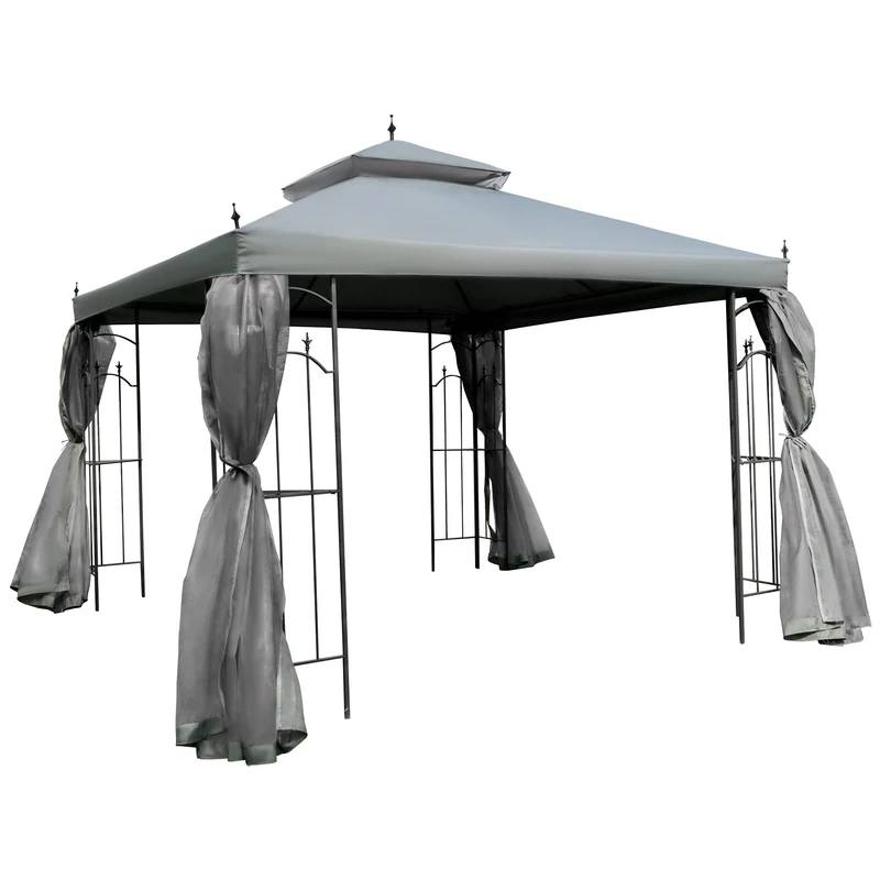 Outsunny 3(M) x3(M) Garden Gazebo Double Top Outdoor Canopy Patio Event Party Wedding Tent Backyard Sun Shade with Netting - Grey
