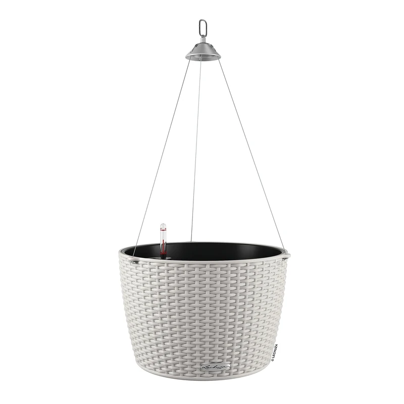 Lechuza Self Watering Hanging Plant Pots NIDO Cottage 35 Rattan Look Plastic Outdoor Indoor Planter with Drainage Hole D35 H23 cm Light Grey